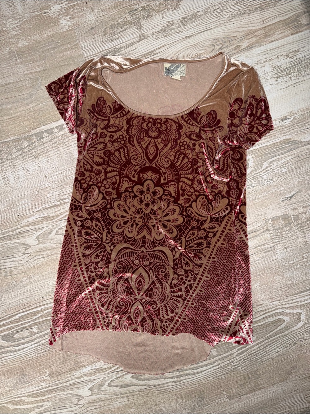 Y2K Lucky Brand Pink and Tan Velvet Burnout Short Sleeve Scoop Tee